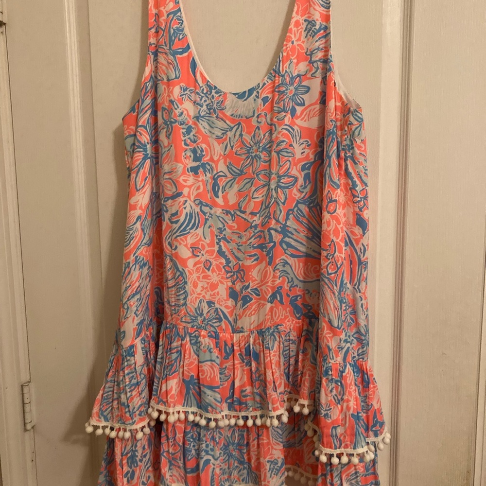 Lilly Pulitzer Floral Sleeveless Dress with Pom-Pom Trim, xl - Picture 3 of 4